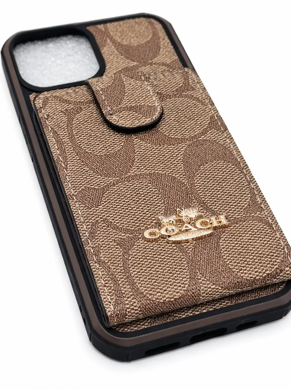 iPhone 14 Khaki Brown Canvas Signature Monogram Wallet Case with Gold Logo - Picture 1 of 6